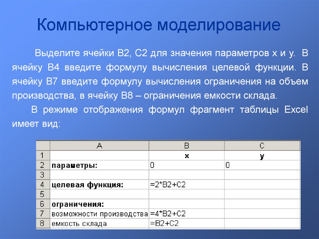 Вычислительные формулы в ячейках электронной таблицы записываются. Параметр ячейки. Вычисление целевой функции формула. В ячейку введите формулу для вычисления y=. В ячейку b7.