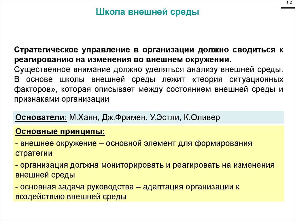 Должно быть организовано преимущественно. Школа внешней среды стратегический менеджмент. Школа внешней среды. Школа внешнего окружения менеджмент. Основатели школы внешней среды.