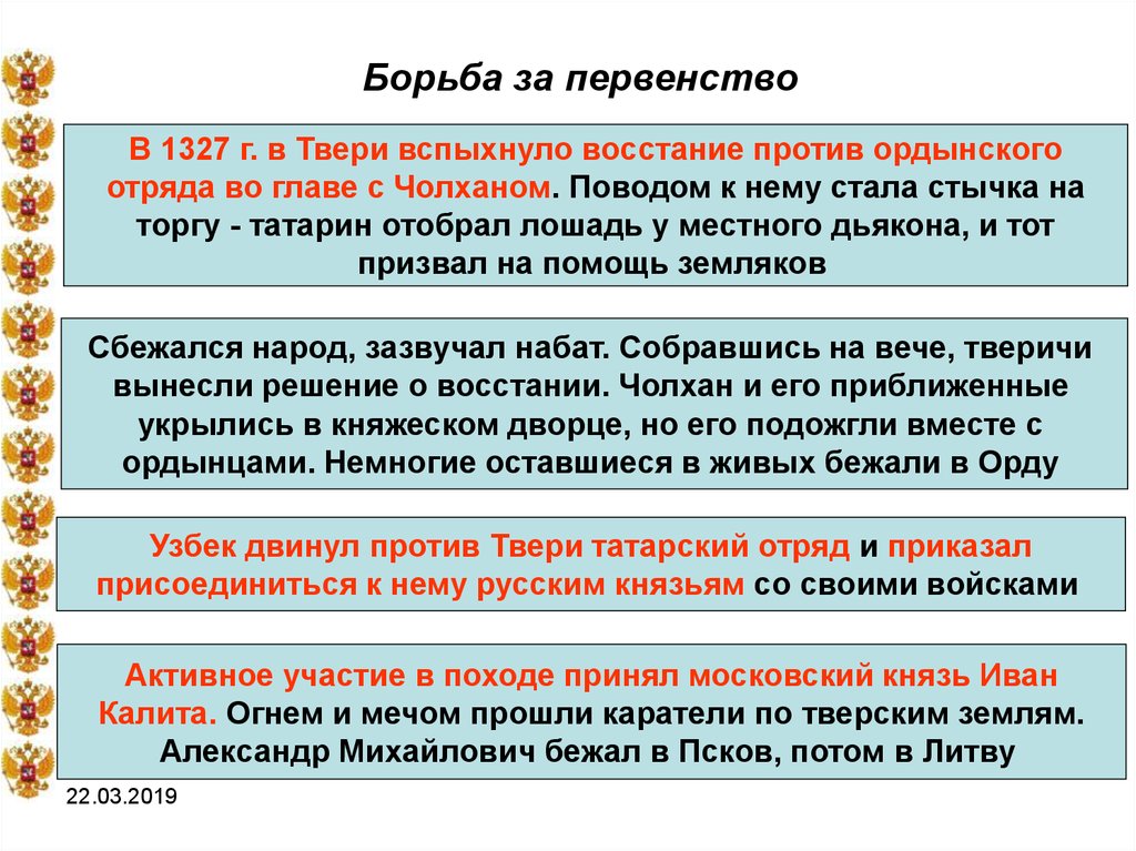 Восстание против баскака чолхана. Восстание в Твери 1327 Чолхан. Москва центр объединения русских земель. Тверское восстание против Чолхана. 1327-Восстание в Твери против Ордынцев.