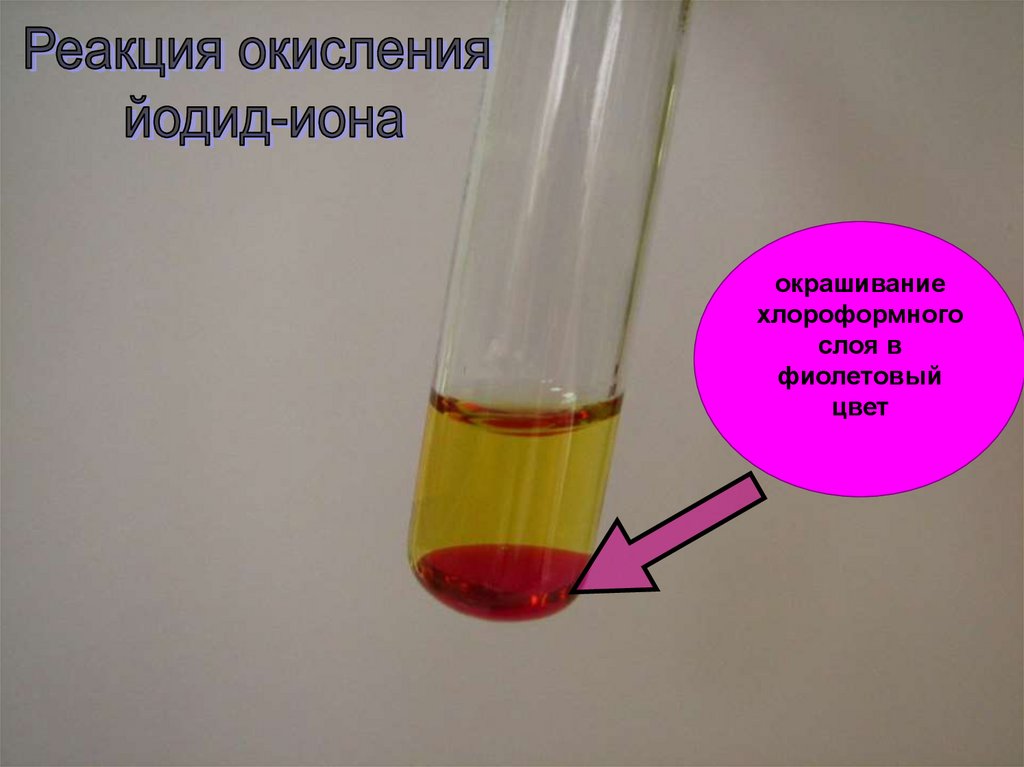 Реакция брома с иодидом калия. Окрашивание хлороформного слоя. Цвет хлороформного слоя в качественной реакции на йодид калия. Реакция на йодиды.