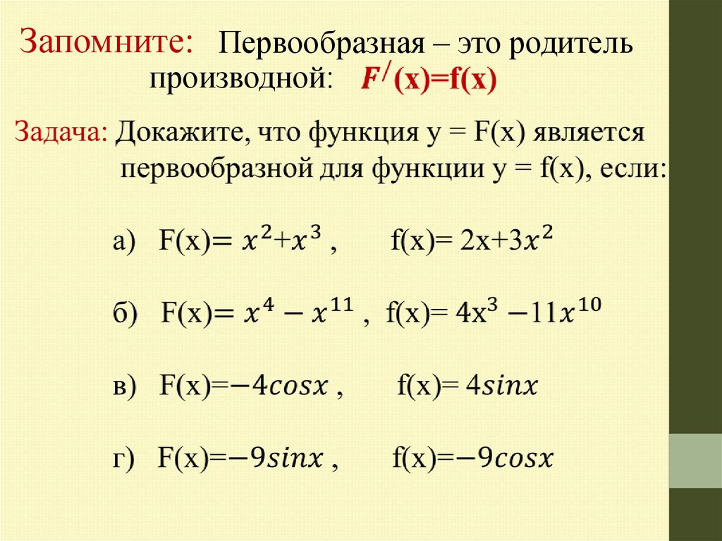 F x 8 x 4 производная. Первообразные простейших функций. Первообразная функции 2х. Примеры вычисления первообразных функций. Функция первообразная для функции.