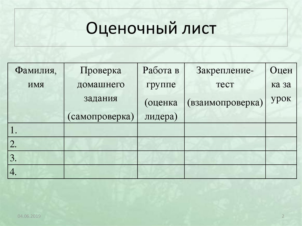 Оценочный лист проекта 9 класс