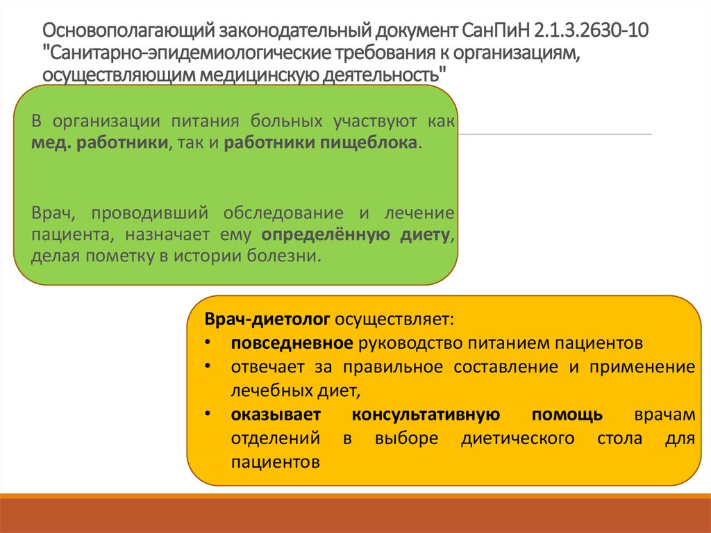 Основополагающий законодательный документ СанПиН 2.1.3.2630-10 "Санитарно-эпидемиологические требования к организациям,