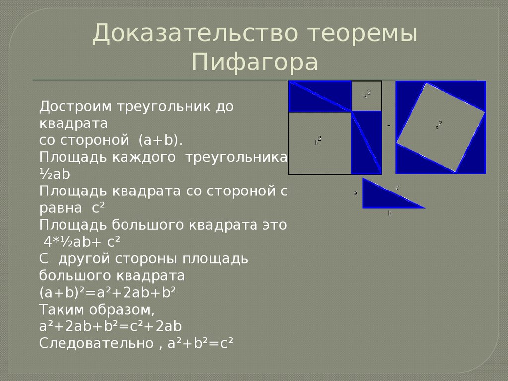 Теорема пифагора доказательство треугольник. Теорема Пифагора доказательства для 8. Доказательство теоремы Пифагора 8 класс. Теорема Пифагора площадь большого квадрата. Доказательство теоремы Пифагора через квадрат.