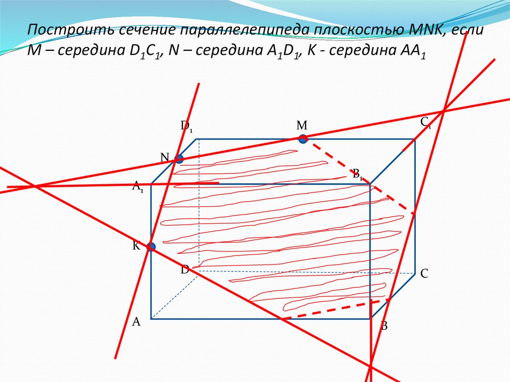 Построить сечение параллелепипеда плоскостью MNK, если М – середина D1C1, N – середина A1D1, K - середина AA1