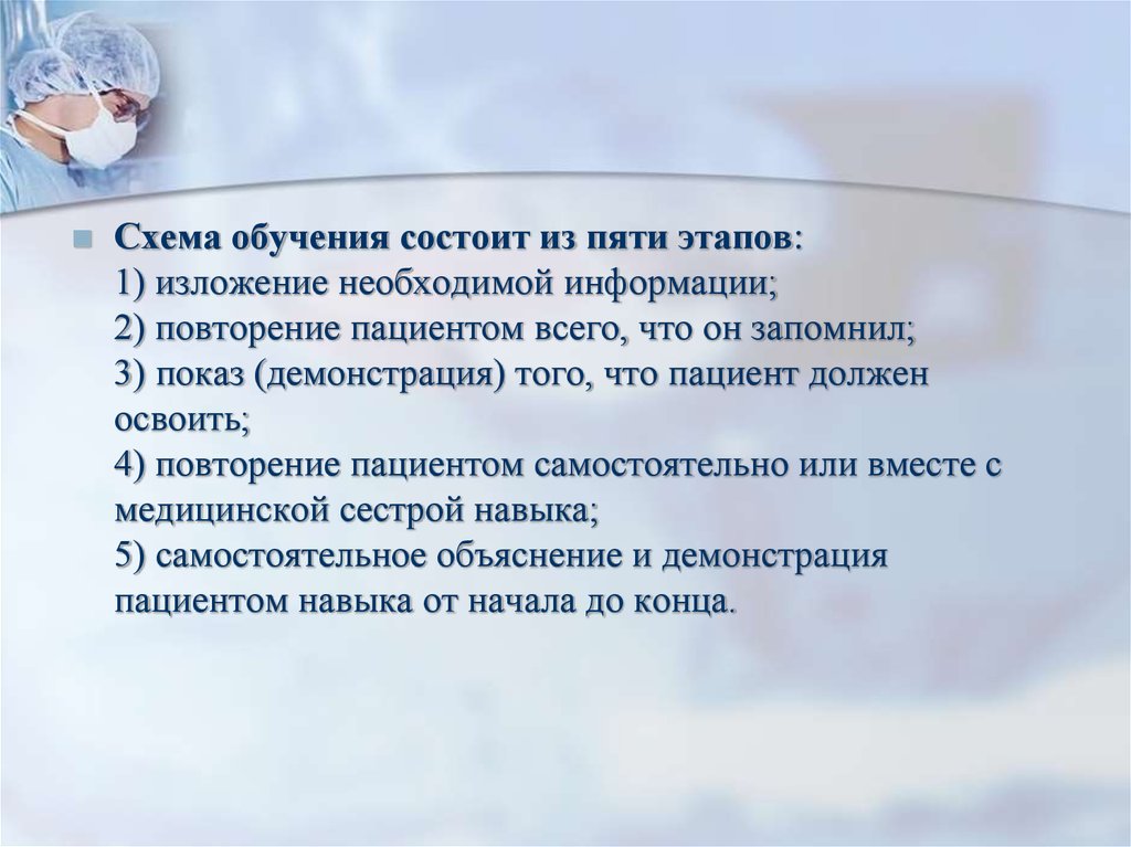 Подготовка состоять. Схема обучения пациента. Обучение пациента алгоритм. План обучения пациента. Этапы процесса обучения пациента.