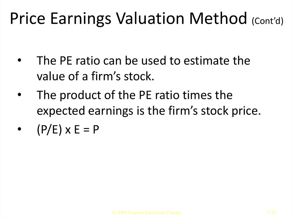Price Earnings Valuation Method (Cont’d)