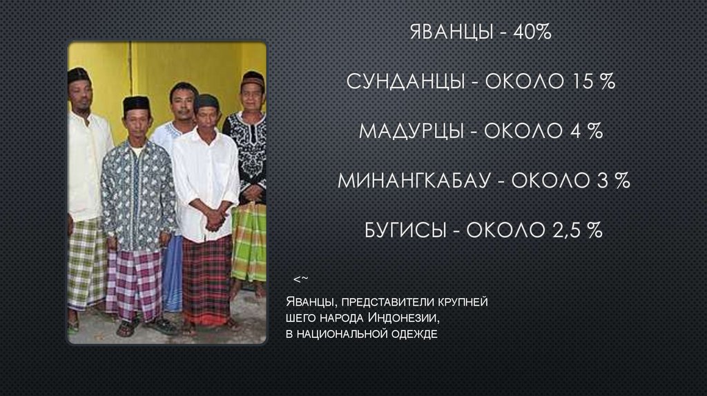 Яванцы - 40% сунданцы - около 15 % мадурцы - около 4 %  минангкабау - около 3 % бугисы - около 2,5 %