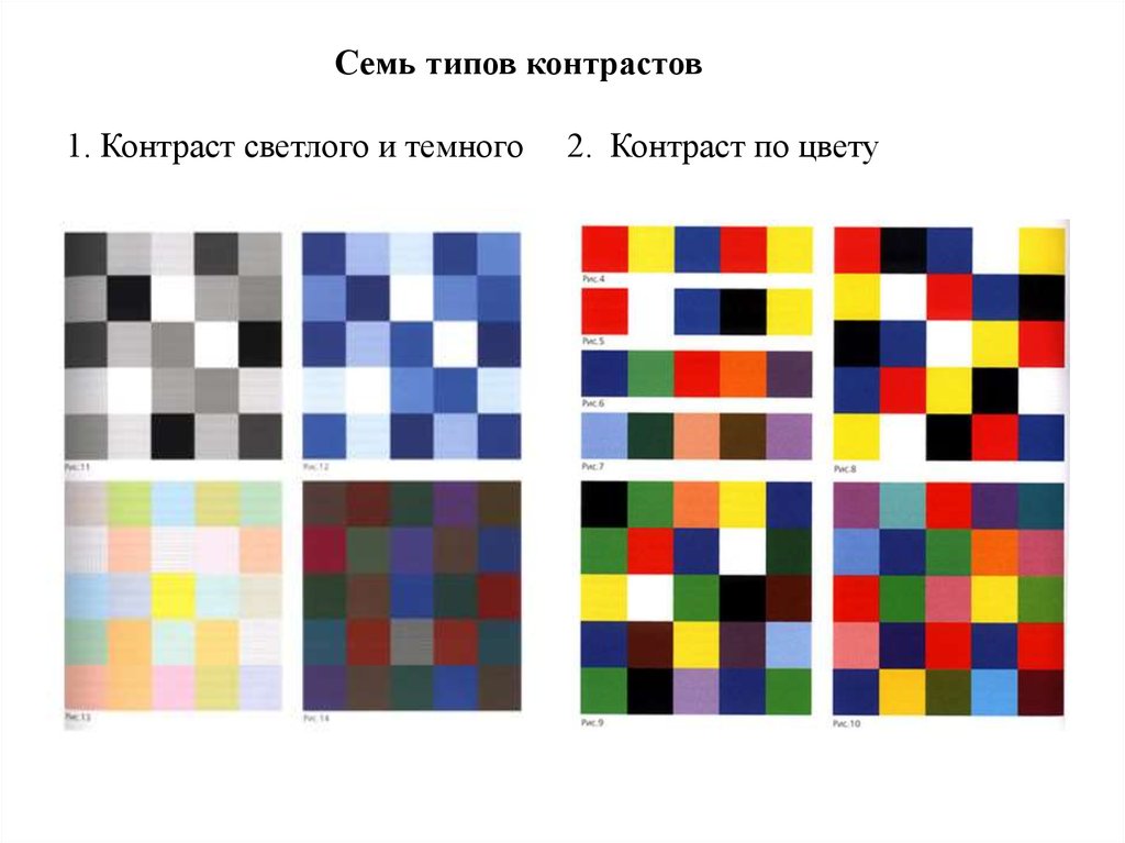 Семь типов контрастов 1. Контраст светлого и темного 2. Контраст по цвету