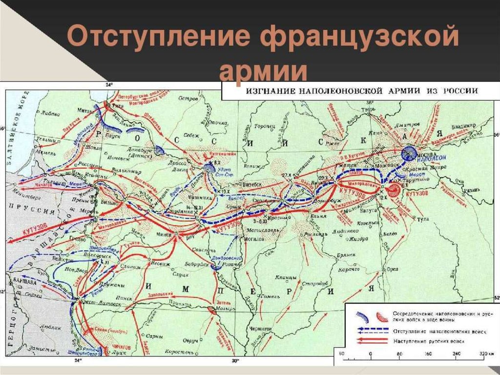 Используя карту схему проследи путь отступления французских войск назови места крупных сражений