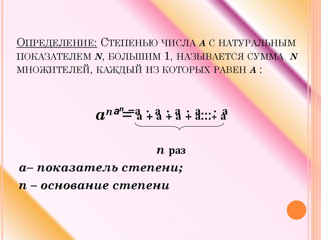 Определение степени с натуральным показателем. Определение степени. Сумма чисел с одной степенью. Определение степени натурального числа.