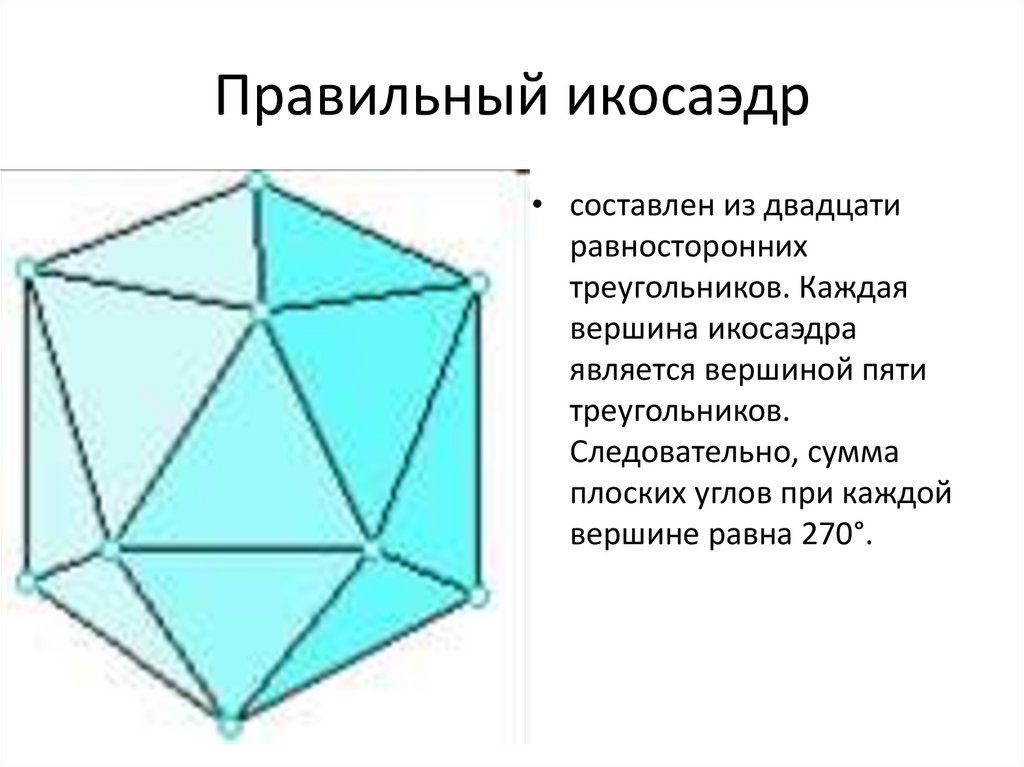 Многогранник с двадцатью гранями. Сумма плоских углов при вершине икосаэдра. Правильный икосаэдр. Формула икосаэдра для построения.