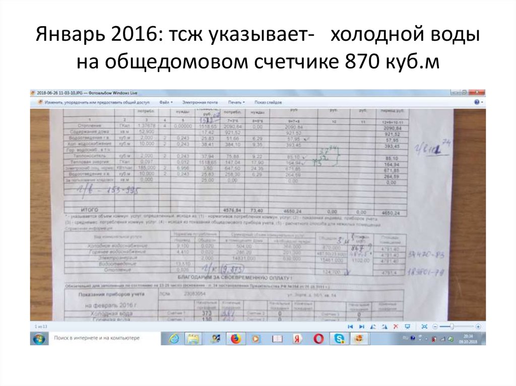 Январь 2016: тсж указывает- холодной воды на общедомовом счетчике 870 куб.м