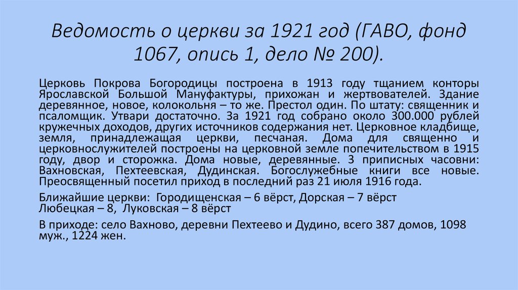 Ведомость о церкви за 1921 год (ГАВО, фонд 1067, опись 1, дело № 200).