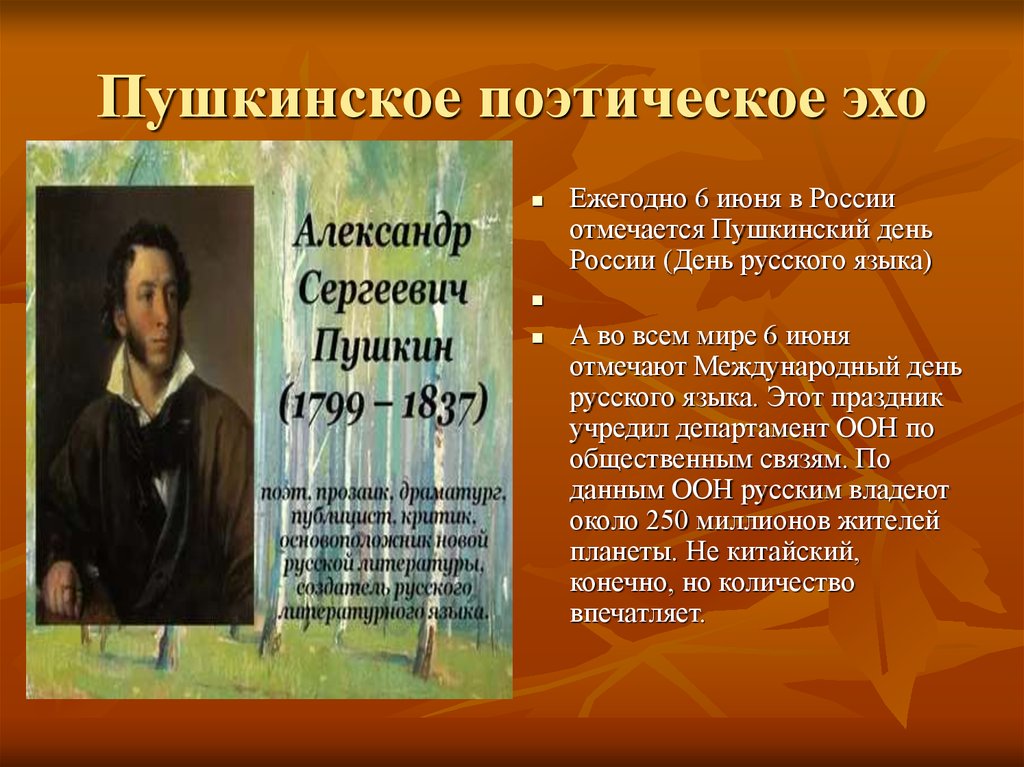 Эхо пушкин анализ. Пушкинское поэтическое Эхо. Пушкинский день России презентация. Пушкинский день презентация для детей. Эхо презентация.