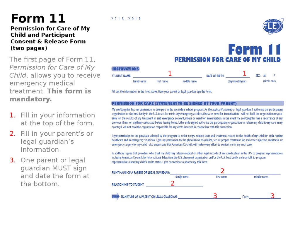 Form 11 Permission for Care of My Child and Participant Consent & Release Form (two pages)