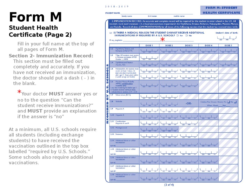 Form M Student Health Certificate (Page 2)