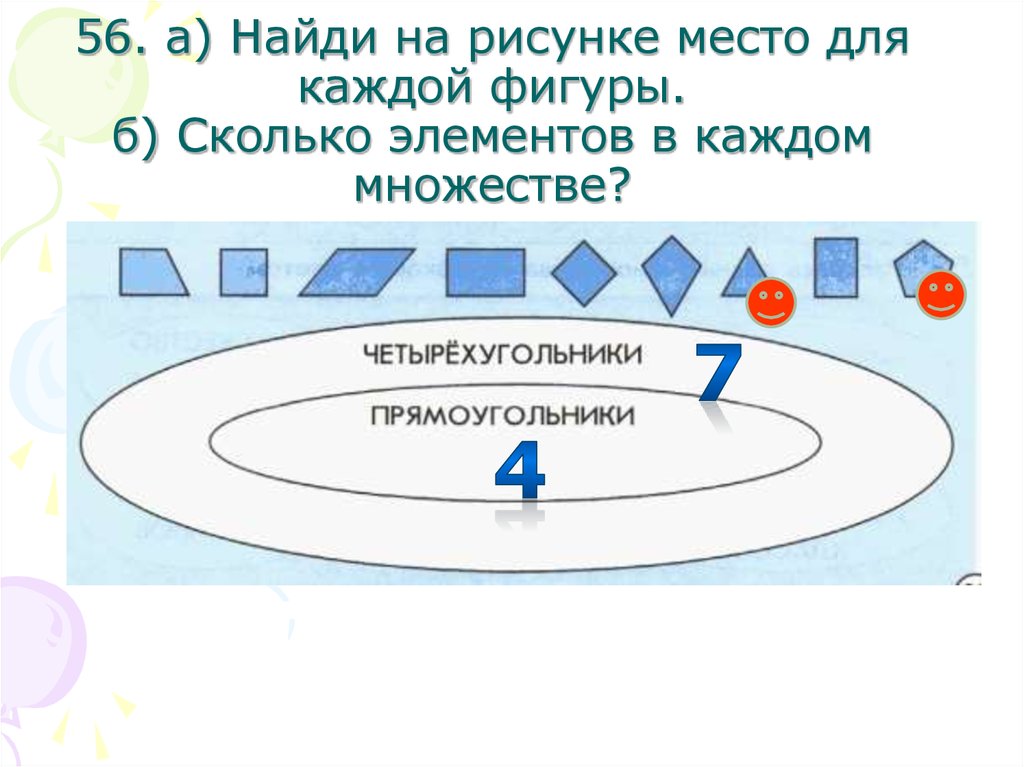 Нарисуй овалы для множеств прямоугольники и круги найди на рисунке место для каждой фигуры