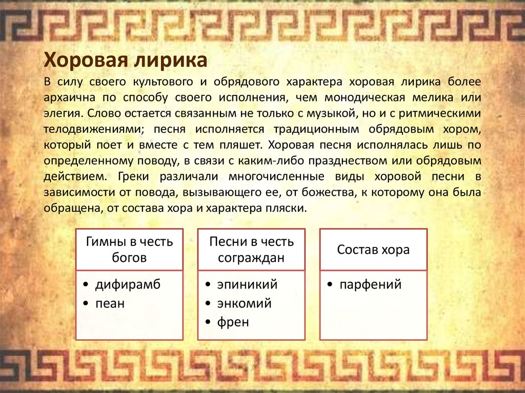 16. Основные виды и жанры древнегреческой лирики VII-VI вв. До н.Э. Понятие о мелике.