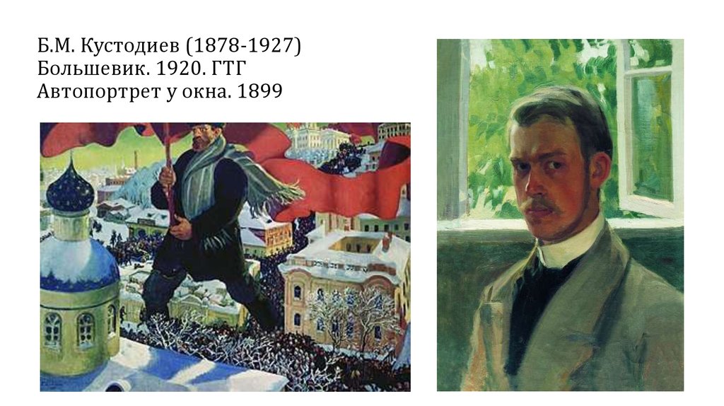 Б.М. Кустодиев (1878-1927) Большевик. 1920. ГТГ Автопортрет у окна. 1899