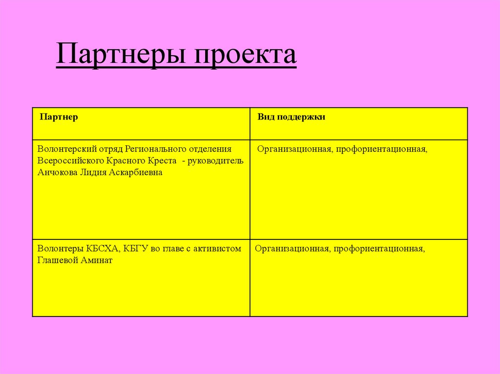 Партнеры проекта и вид поддержки