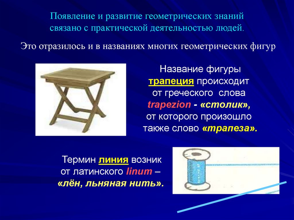 Как появилась фигура. История возникновения геометрических фигур. Происхождение геометрических терминов. Геометрическая фигура трапеция интересные факты. История развития геометрии таблица.
