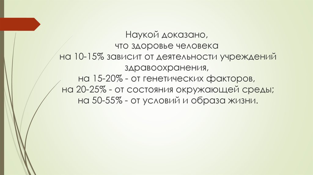 Научно доказанный. Доказано что здоровье человека зависит от деятельности учреждений. От чего здоровье зависит на 10%. Наука доказала. Здоровье человека на 50 зависит от условий и образа жизни.