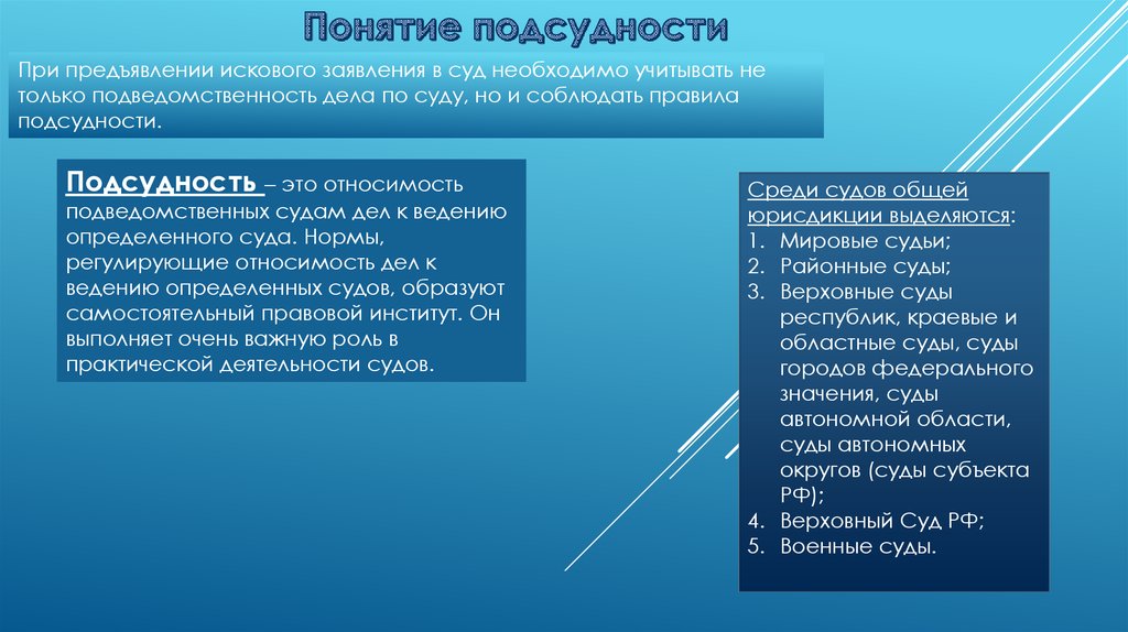 Подсудность федеральных судов. Понятие судебной подведомственности. Подведомственность судов. Понятие подсудности. Гарантии подсудимости.