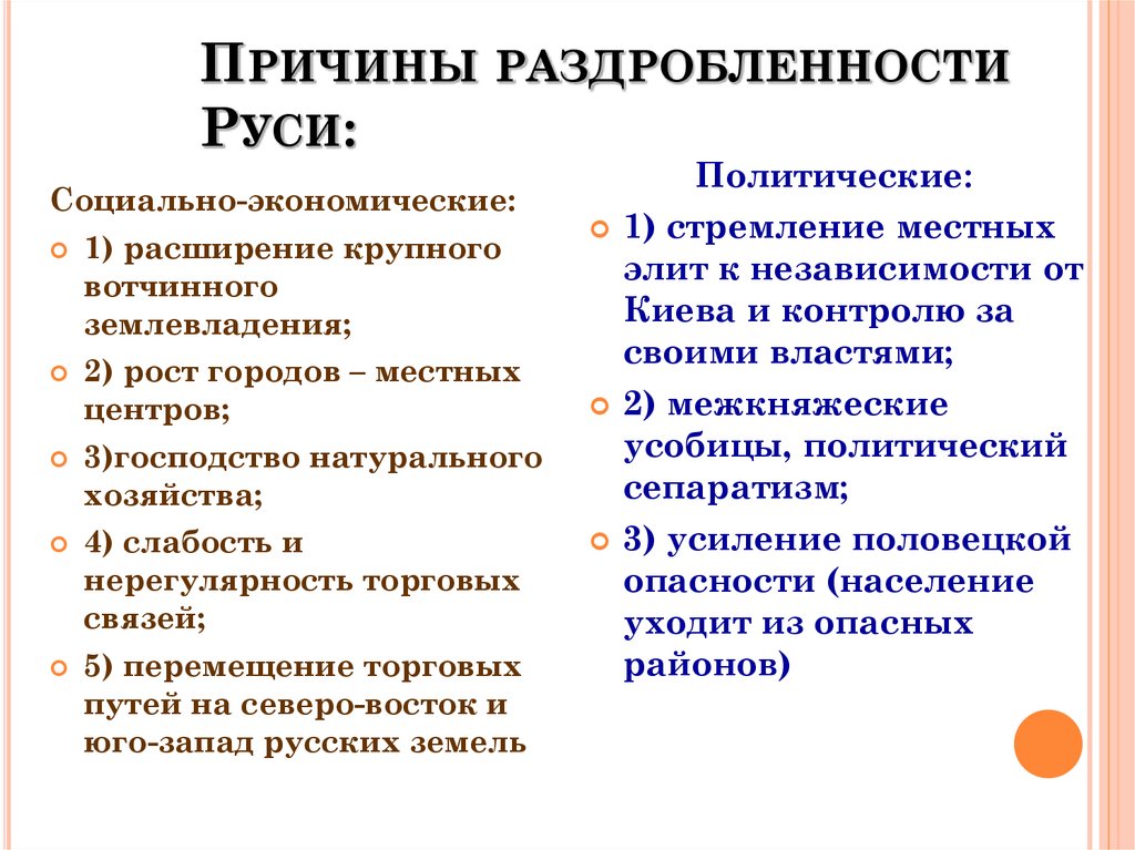Причины раздробленности Руси: