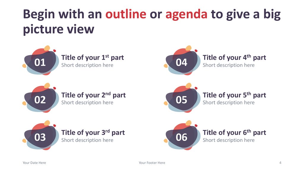Begin with an outline or agenda to give a big picture view