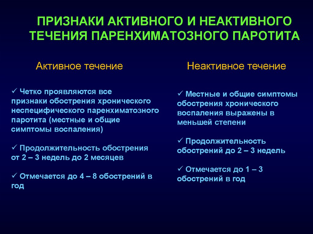 Течение паротита. Хронический паренхиматозный паротит. Дифференциальный диагноз эпидемического паротита. Хронический неспецифический паренхиматозный паротит. Хронический паренхиматозный паротит дифференциальная диагностика.