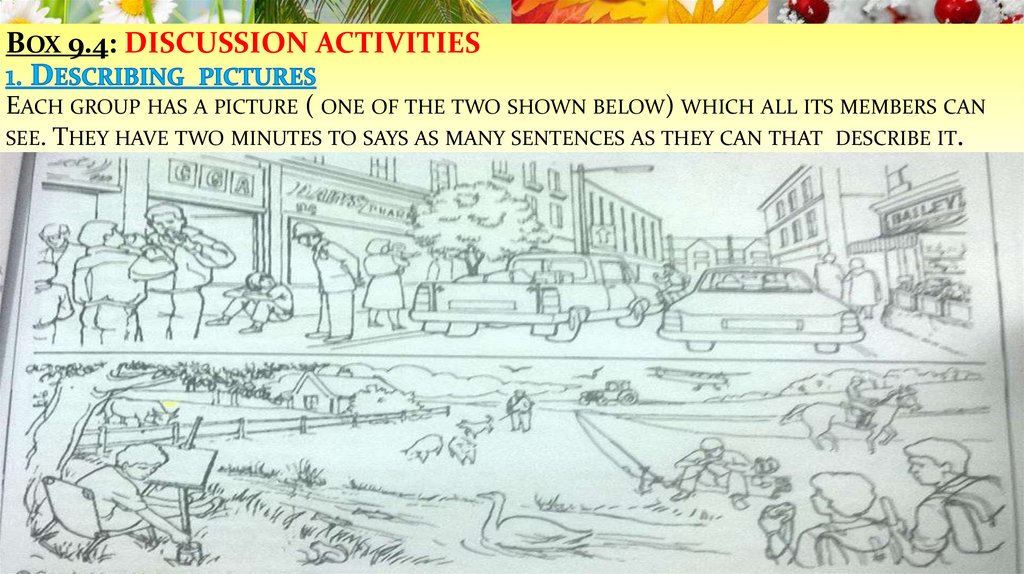 Box 9.4: DISCUSSION ACTIVITIES 1. Describing pictures Each group has a picture ( one of the two shown below) which all its