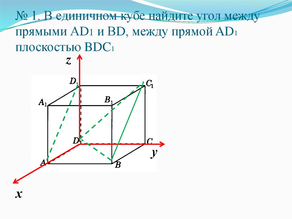 № 1. В единичном кубе найдите угол между прямыми АD1 и ВD, между прямой AD1 плоскостью BDC1
