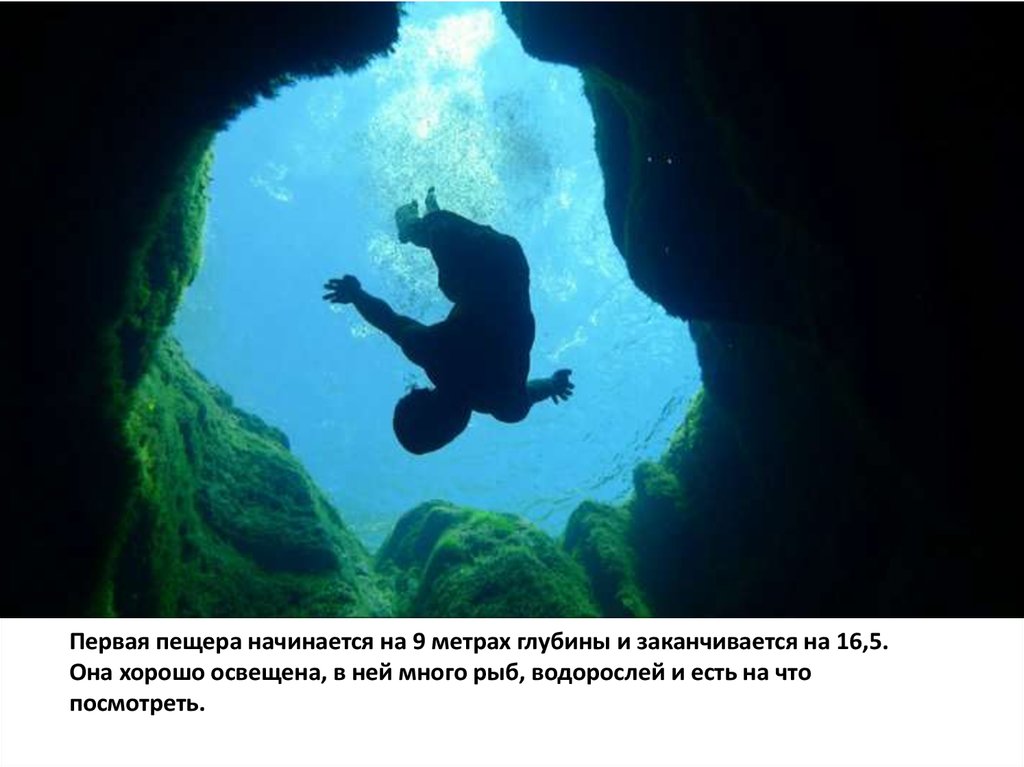 Первая пещера начинается на 9 метрах глубины и заканчивается на 16,5. Она хорошо освещена, в ней много рыб, водорослей и есть