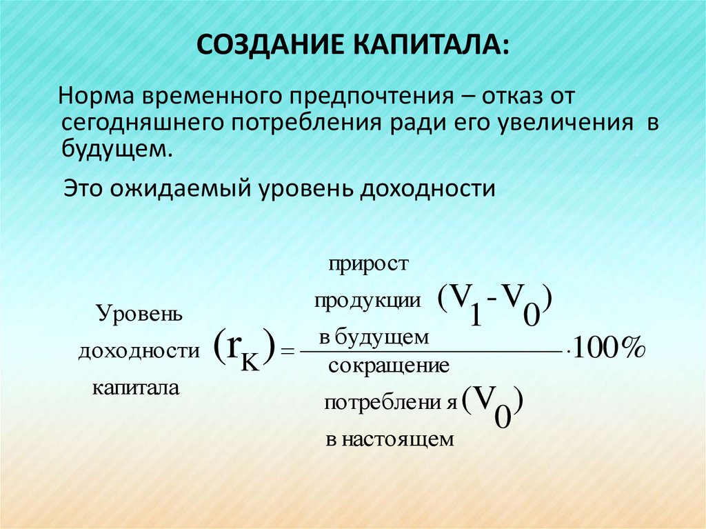 Прирост капитала. Предельная норма временного предпочтения. Создание капитала. Доходность рынка капитала. Капитал: возникновение.