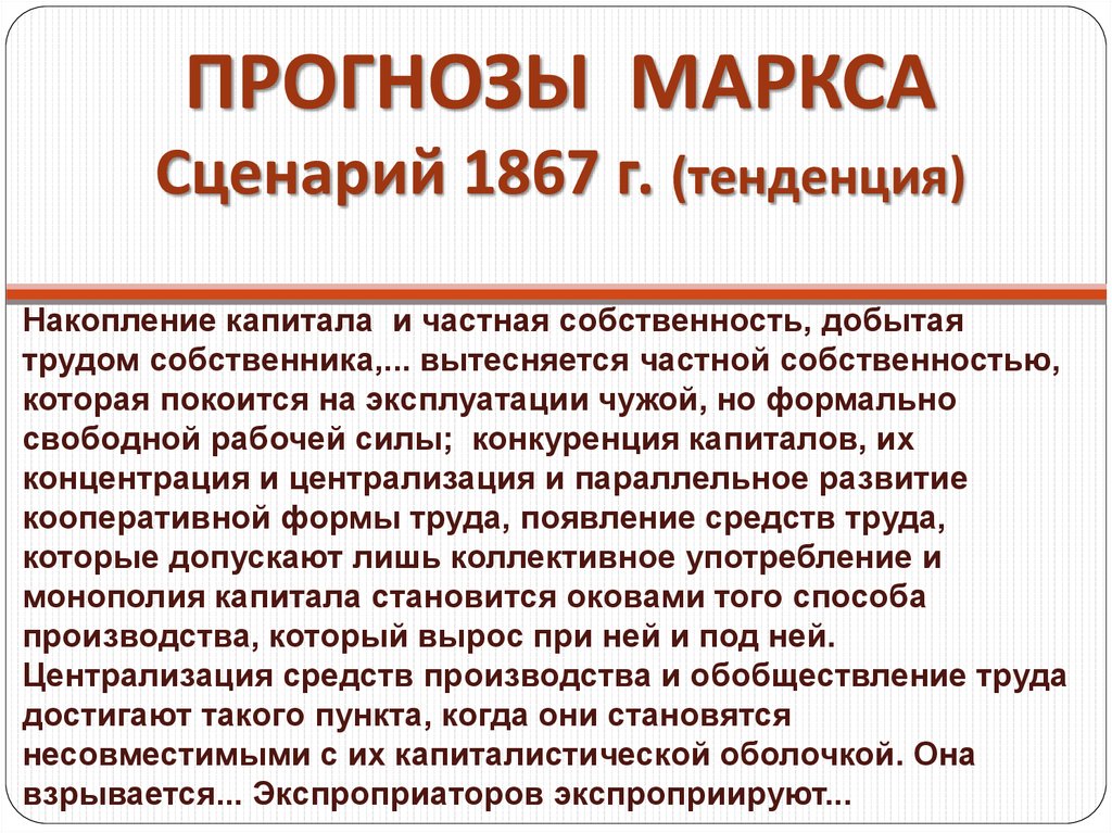 ПРОГНОЗЫ МАРКСА Сценарий 1867 г. (тенденция)