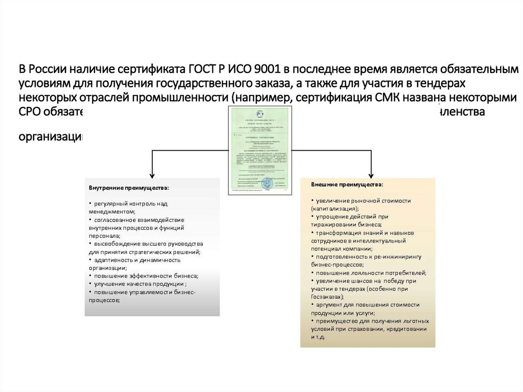 В России наличие сертификата ГОСТ Р ИСО 9001 в последнее время является обязательным условиям для получения государственного