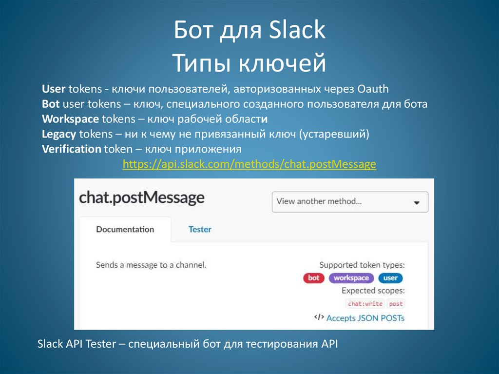 Бот для Slack картинки. Уникальный токен ключ. По ключу нет информации об аутентифицированном пользователе. Accept json