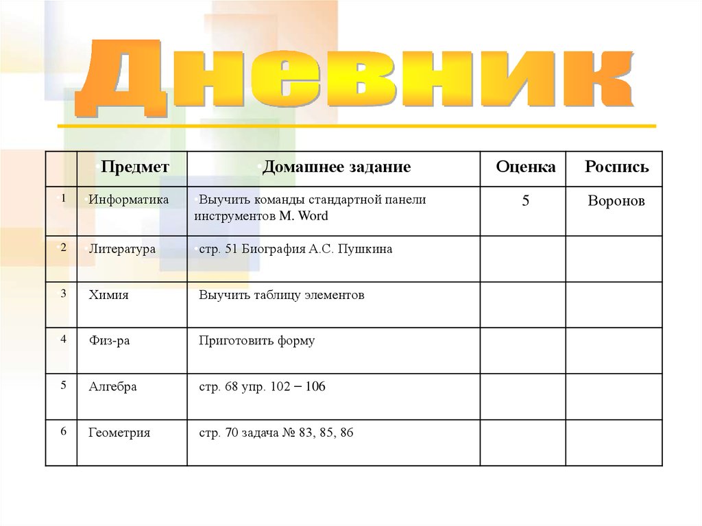 Журнал предмет. Домашнее задание оценка. Предмет домашнее задание. Таблица домашния задания по предметам. И числа предмет домашнее задание оценка.