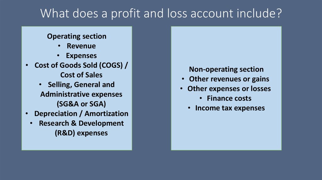 What does a profit and loss account include?