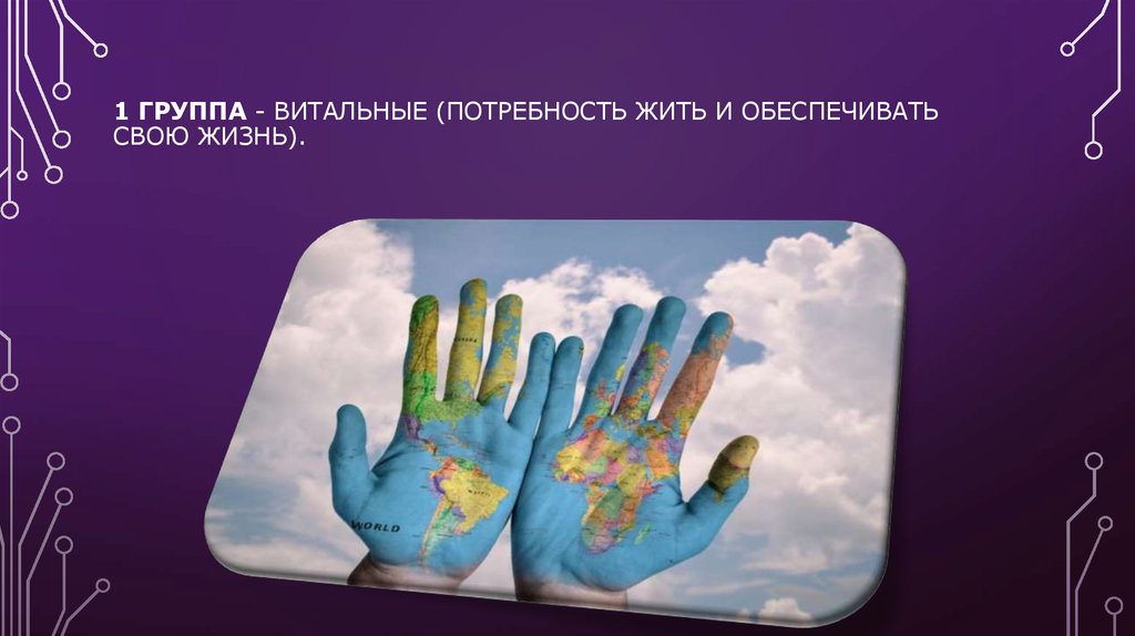 1 группа - витальные (потребность жить и обеспечивать свою жизнь). 