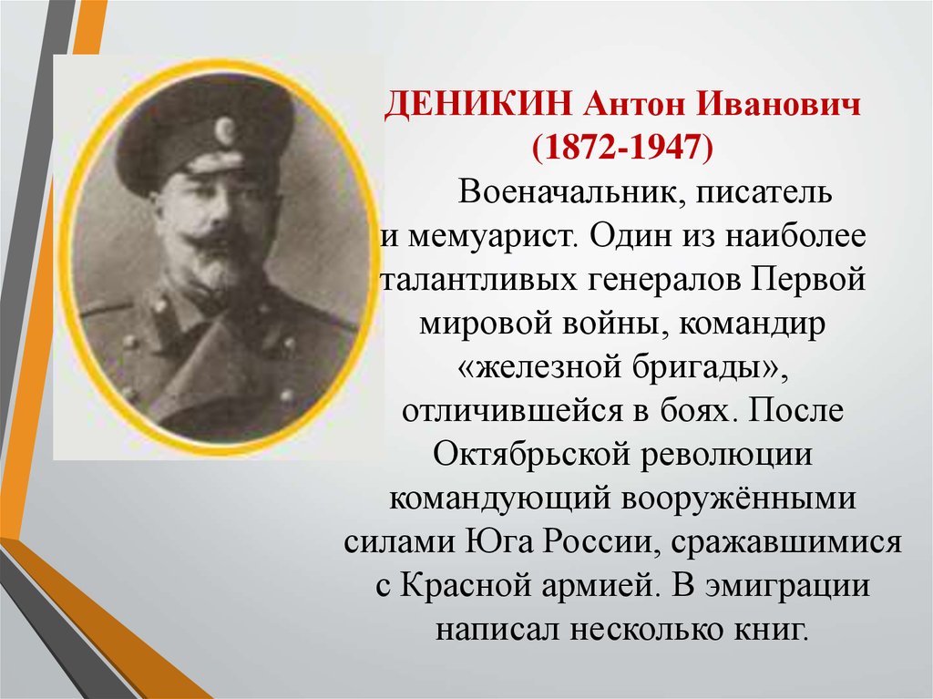 Генерал краткое. Деникин 1918. Деникин 1 мировая война. Герои 1 мировой войны Антон Деникин. Деникин Антон Иванович (1872-1947) информация.