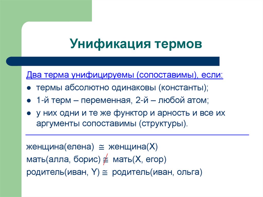 Унификация 1. Алгоритм унификации. Унификация терма. Унификация Пролог. Операторы в ПРОЛОГЕ.