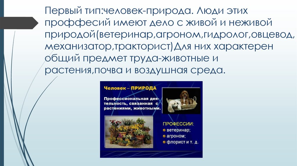 Первый тип:человек-природа. Люди этих проффесий имеют дело с живой и неживой