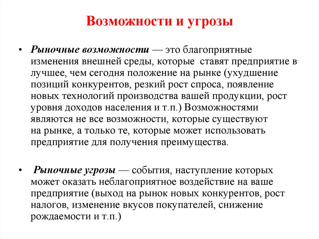 Положение сегодня. Рыночные возможности. Рыночные возможности и угрозы. Возможности и угрозы рынка. Рыночные возможности предприятия.