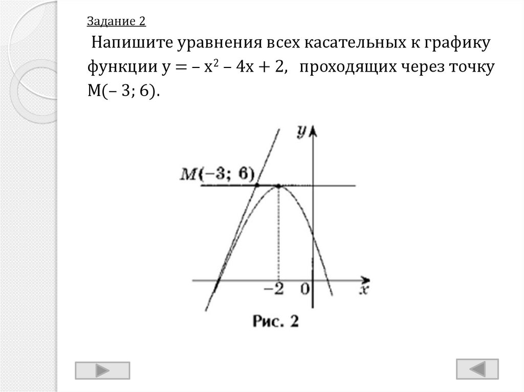 Задание 2 Напишите уравнения всех касательных к графику функции y = – x2 – 4x + 2,  проходящих через точку M(– 3; 6).