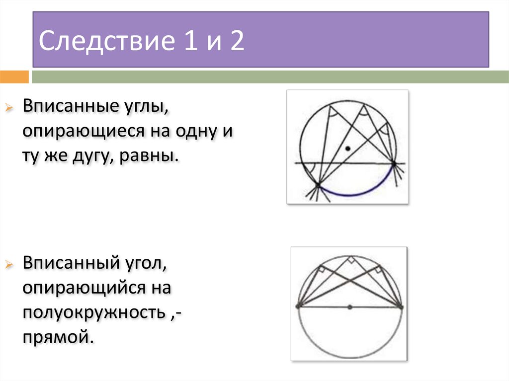 Вписанный угол 42. Вписанные углы опирающиеся на одну. Углы опирающиеся на одну дугу равны. Следствие вписанного угла. Вписанный угол следствие 1.