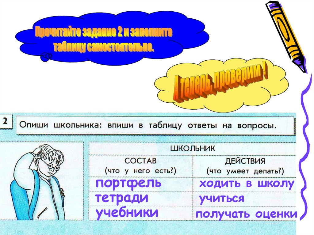 Прочитайте задание и ответьте на вопросы. Опиши школьника впиши в таблицу ответы на вопросы. Задание 2 заполни таблицу. Опиши школьника. Задание в тетради таблица.