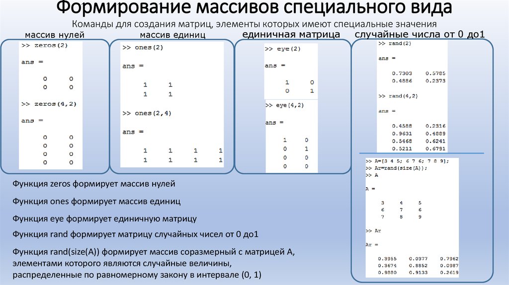 Случайные матрицы. Матрицы специального вида. Единичная матрица в матлаб. Формирование матрицы Паскаль. Матрица команда.