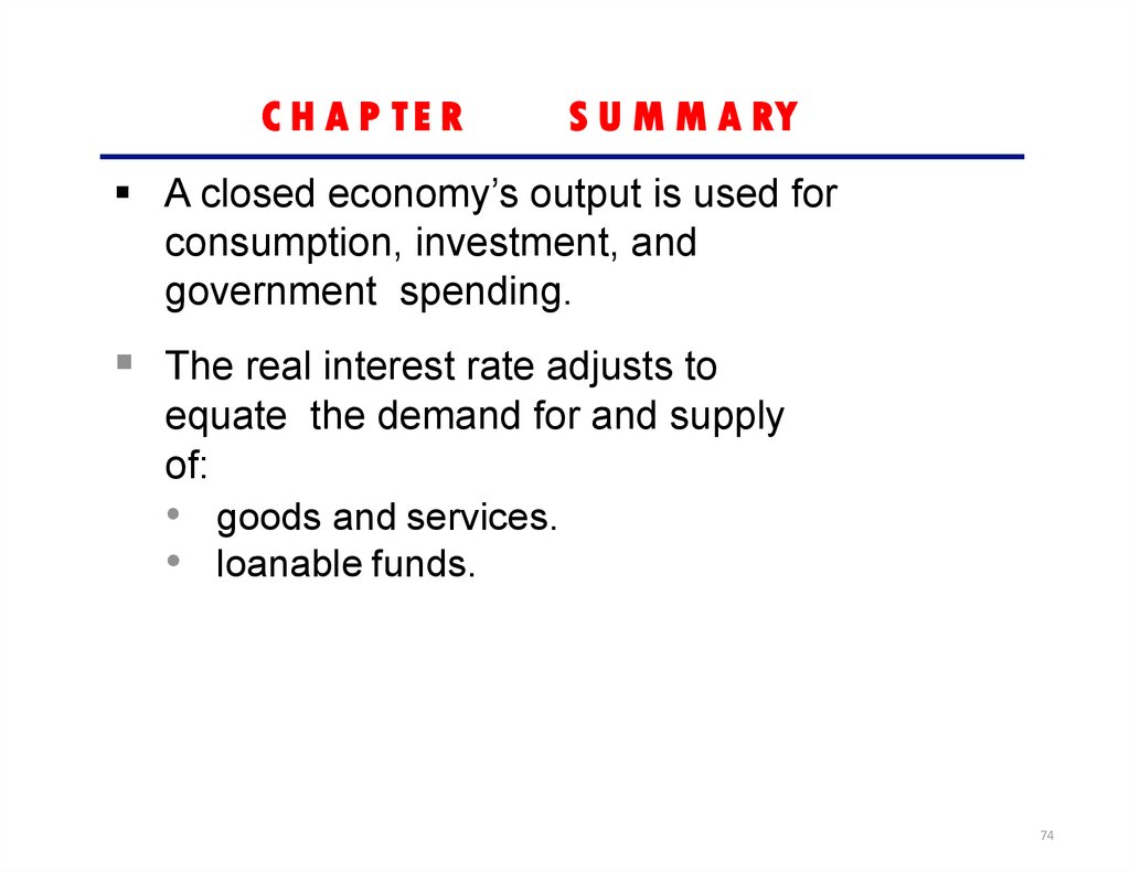 A closed economy’s output is used for consumption, investment, and government spending.
